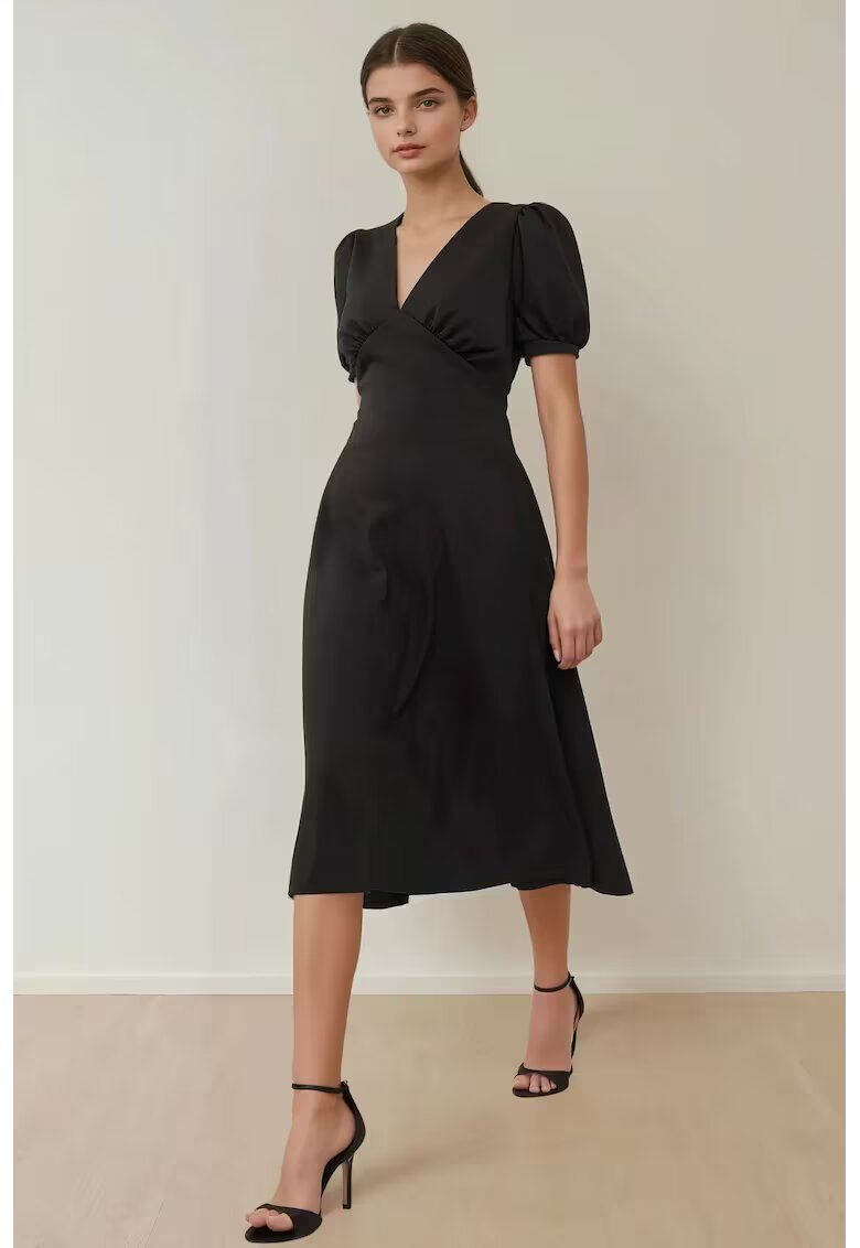 HiCCUP Rochie Midi - A-Form - decolteu in V - neagra - crep