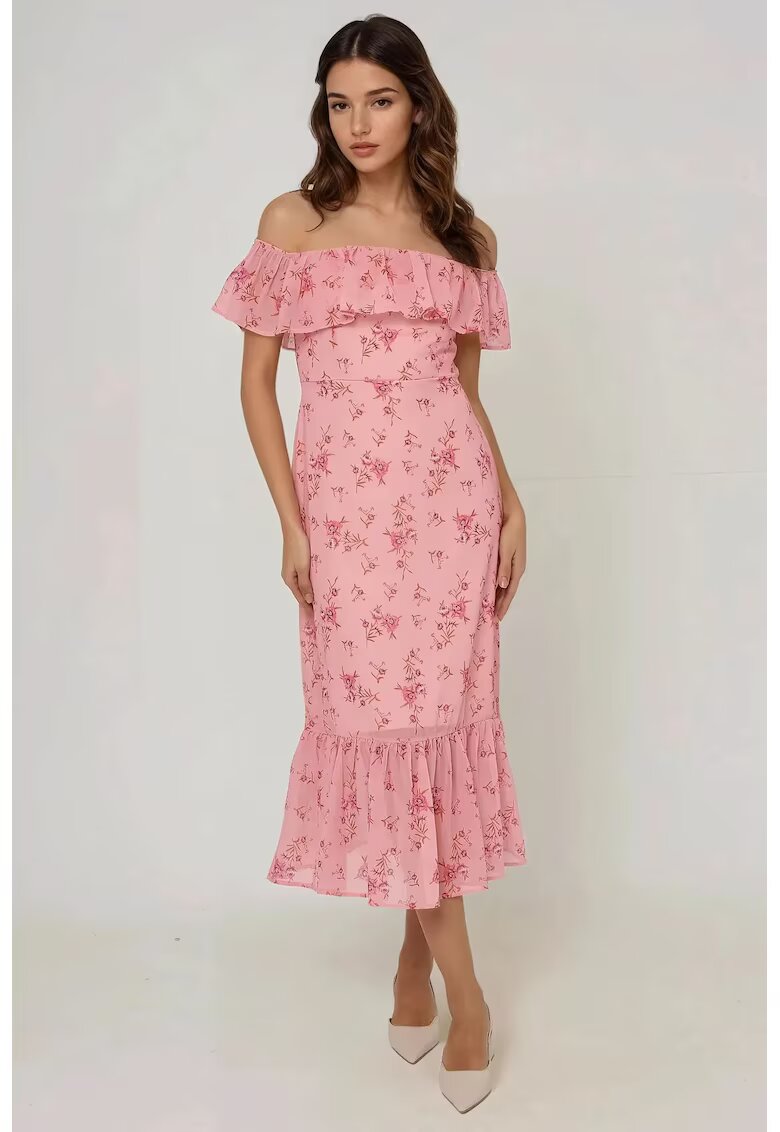 HiCCUP Rochie midi bodycon - floral - umeri goi - roz - tul
