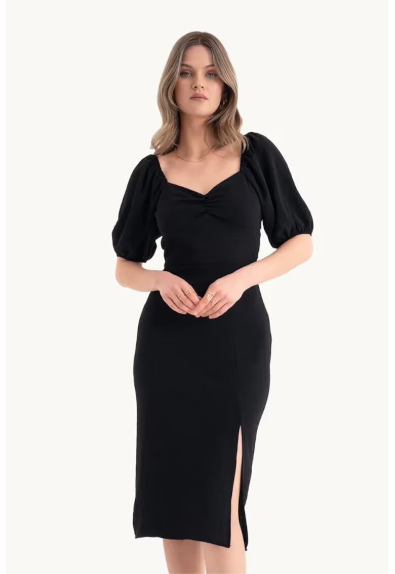 HiCCUP Rochie midi - decolteu in forma de inima - crapatura laterala - negru - textil
