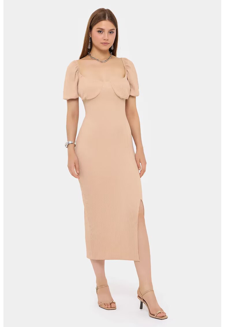 HiCCUP Rochie midi - decolteu in forma de inima - maneci bufante - bej - textil