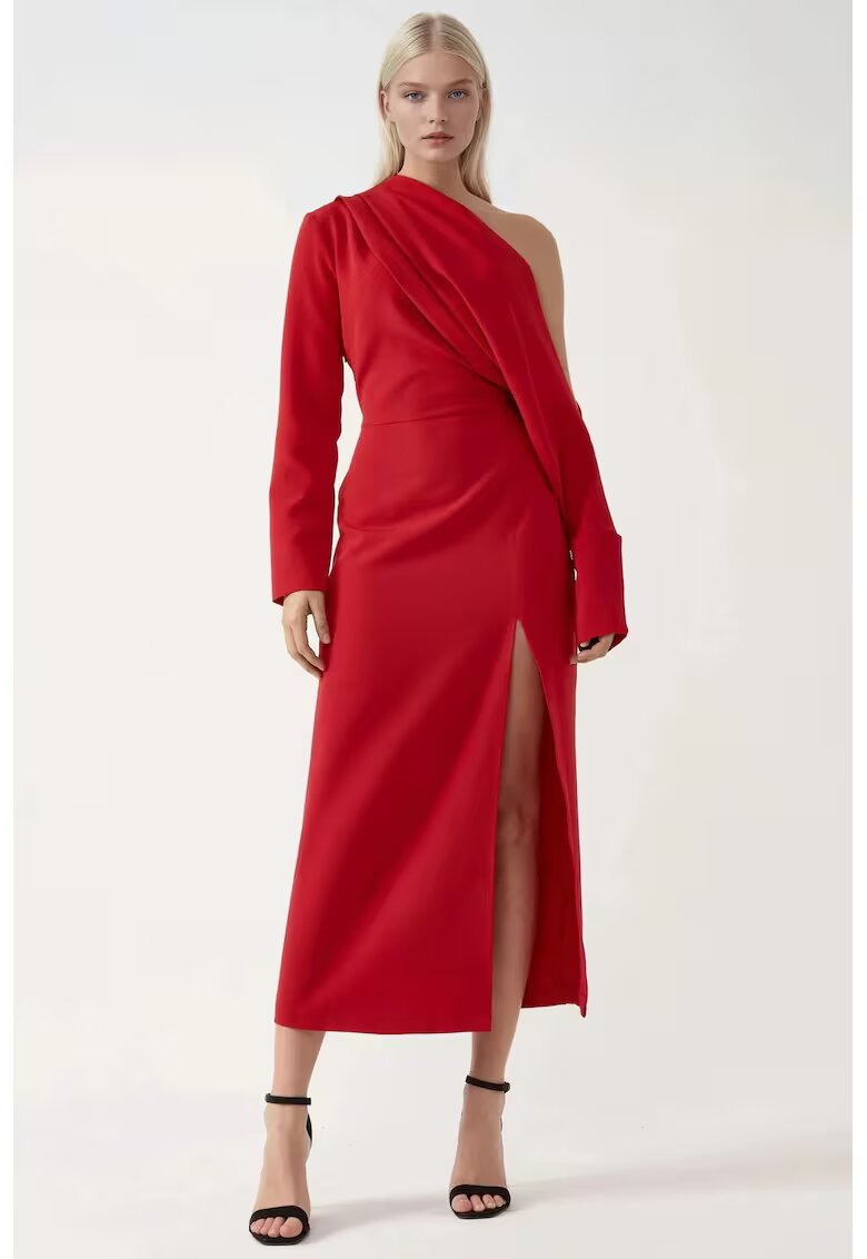 HiCCUP Rochie midi - guler asimetric - crapatura - rosu
