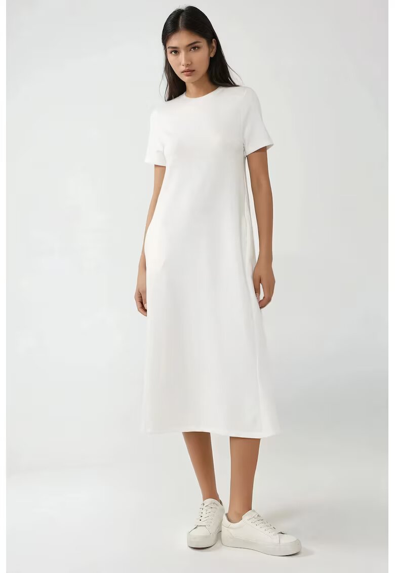 HiCCUP Rochie midi guler rotund - maneca scurta - alb - jerseu