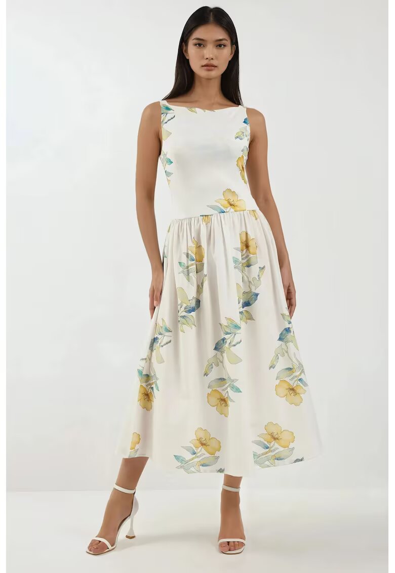 HiCCUP Rochie midi - imprimeu - decolteu barca - alb - textil