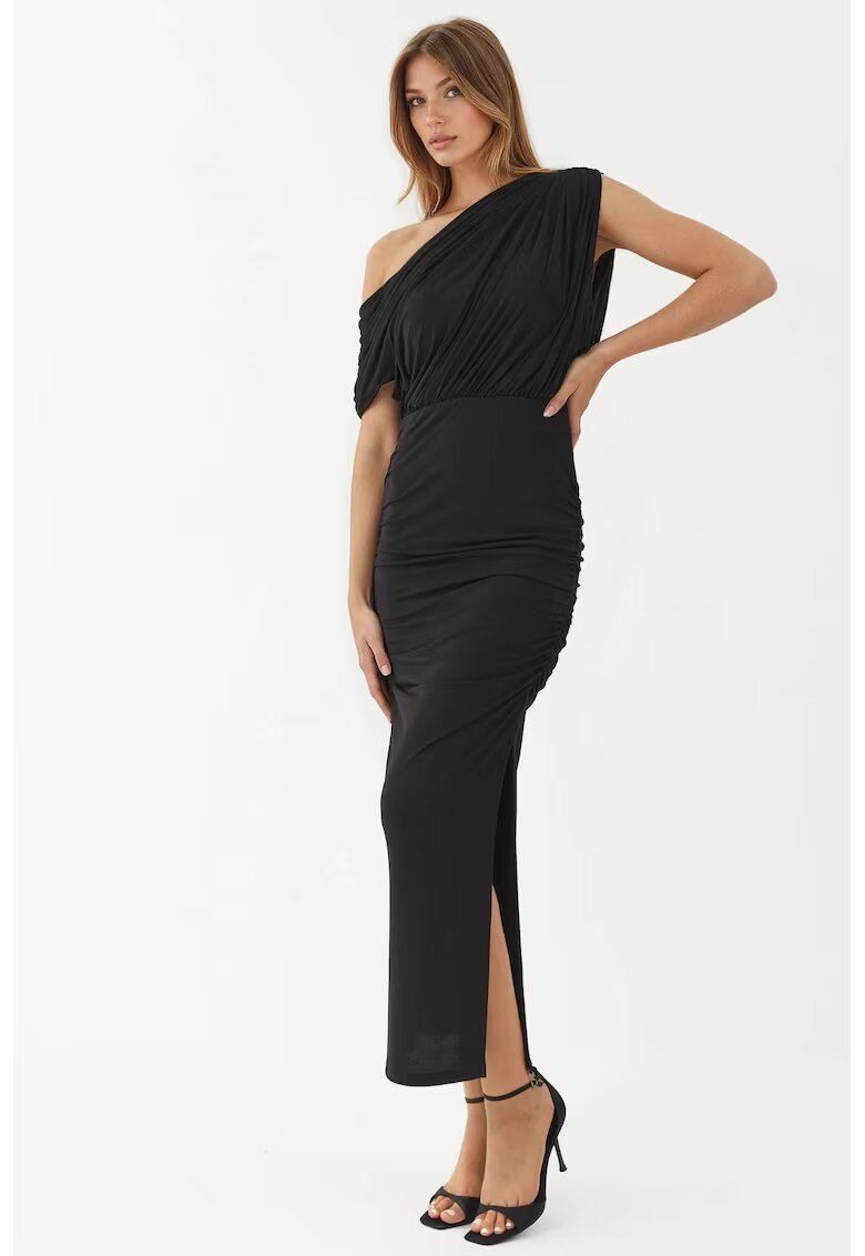 HiCCUP Rochie midi - infasurata cu guler asimetric - elastic - negru - jerseu