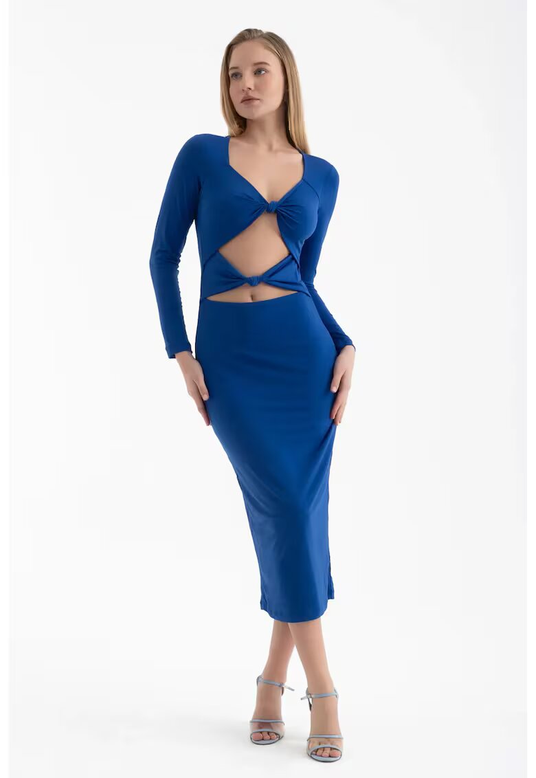 HiCCUP Rochie midi - maneca lunga - decolteu rotund - albastra - textil