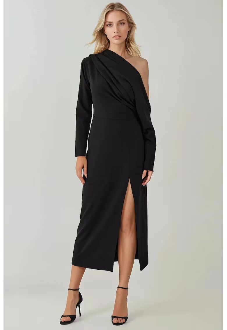 HiCCUP Rochie midi - mulata - guler asimetric - crapatura - jerseu - Negru