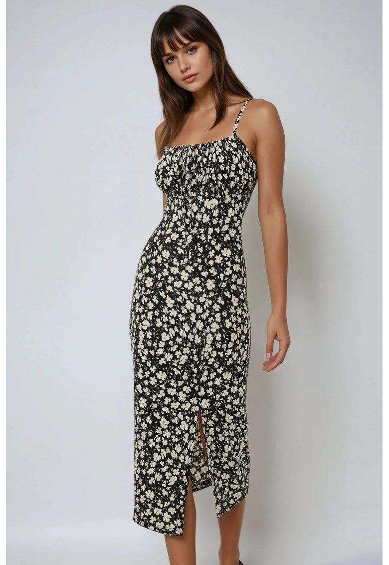 HiCCUP Rochie midi mulata - imprimeu floral - crapatura - negru - jerseu