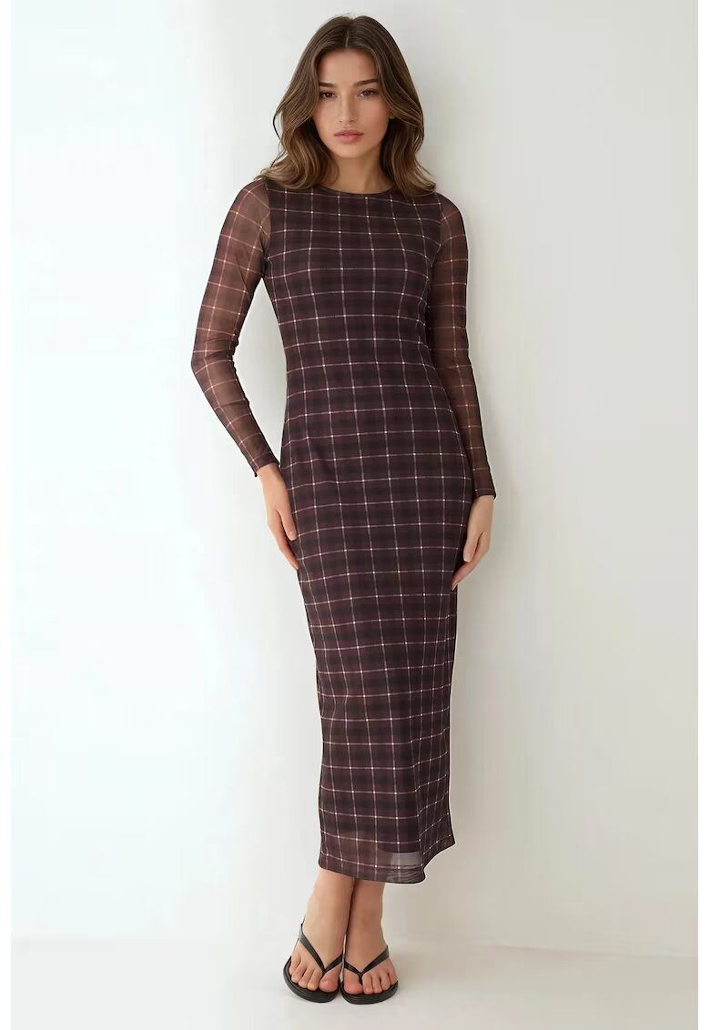 HiCCUP Rochie midi mulata in carouri - culoare maro - material textil