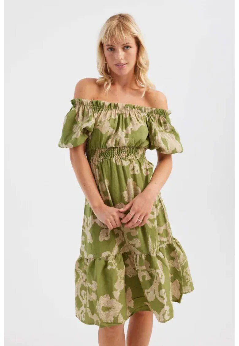 HiCCUP Rochie midi - umeri goi - imprimeu abstract - verde - textil