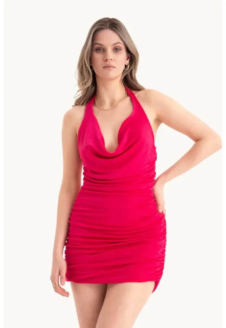 HiCCUP Rochie mini bodycon - decolteu adanc - volane - rosie - jerseu