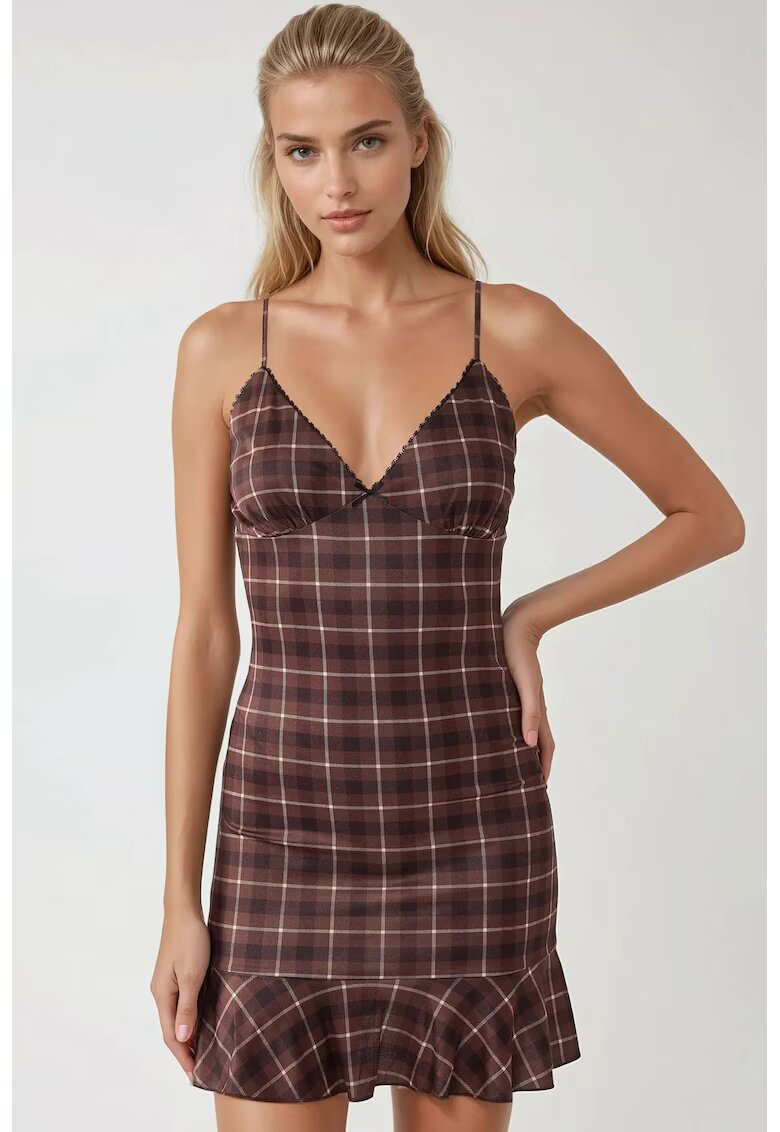 HiCCUP Rochie mini - carouri - decolteu inima - maro - textil