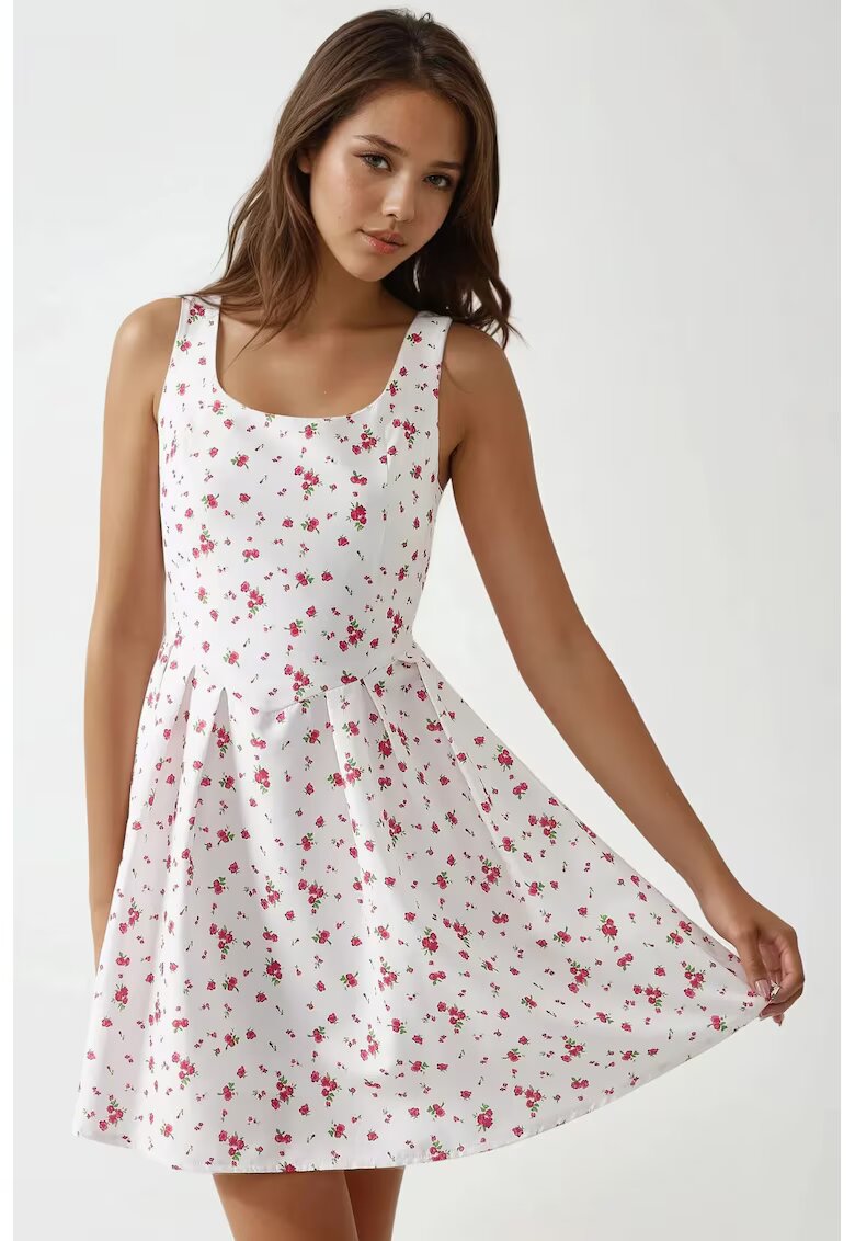 HiCCUP Rochie mini - croiala in forma de A - guler rotund - imprimeu floral - alba - textil
