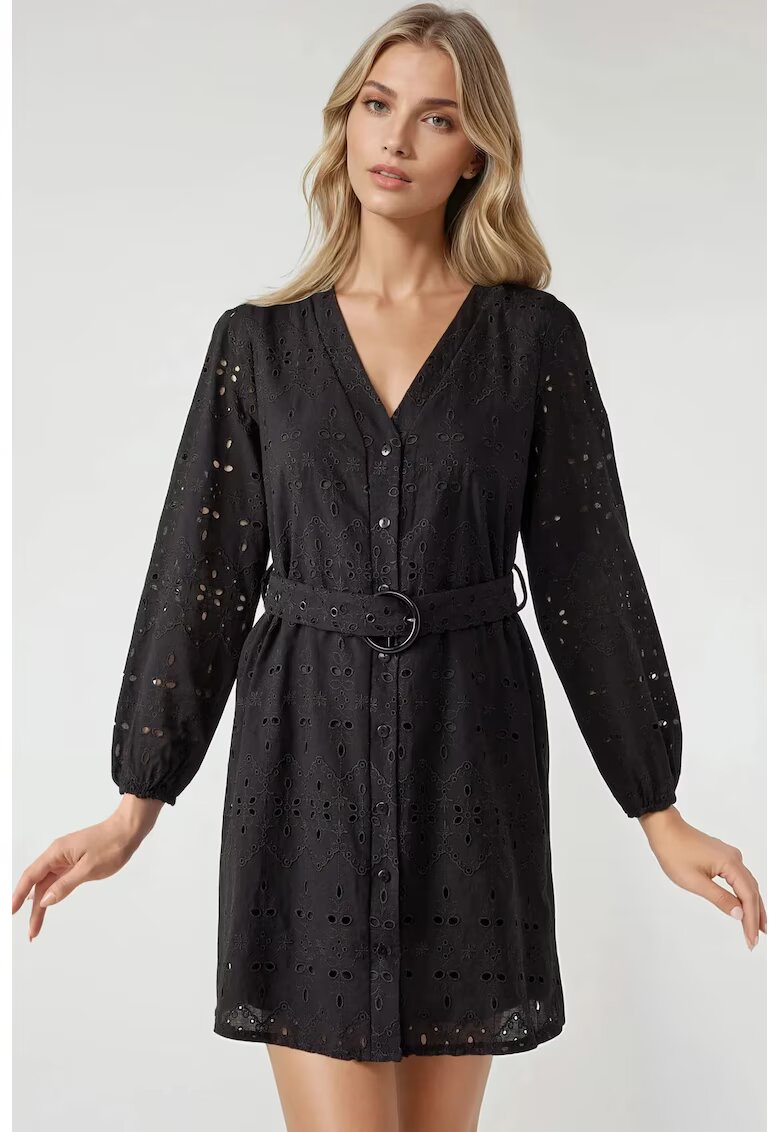 HiCCUP Rochie mini - cu decolteu in V - maneci lungi - neagra - bumbac