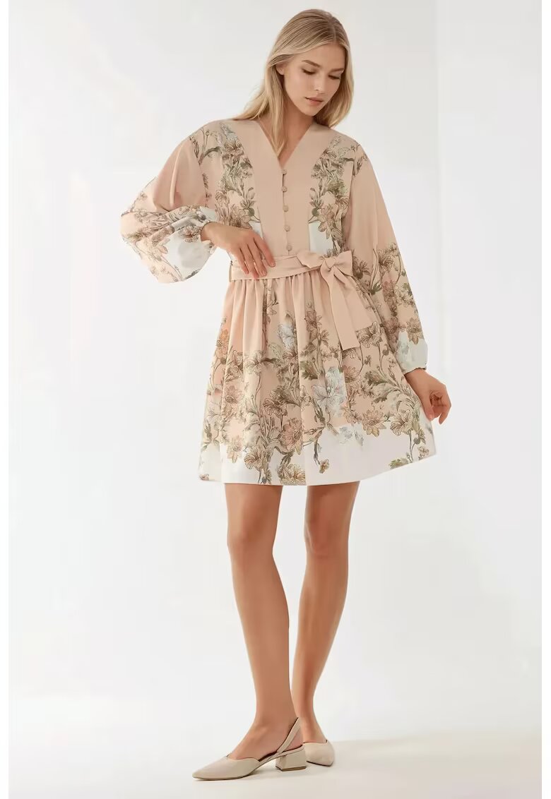 HiCCUP Rochie mini - decolteu in V - curea - roz - textil