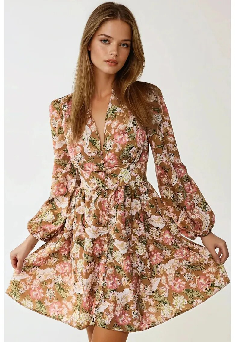 HiCCUP Rochie mini - decolteu in V - imprimeu floral - multicolor - textil