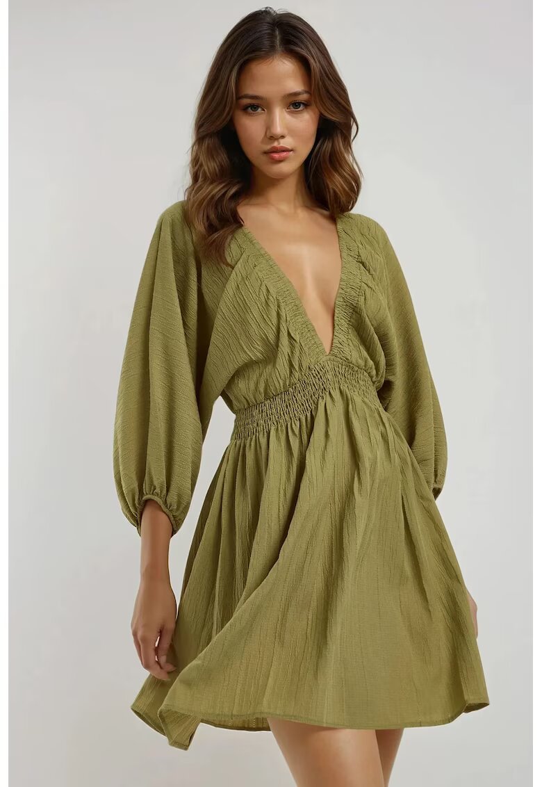 HiCCUP Rochie mini decolteu in V - maneci lungi - verde - textil