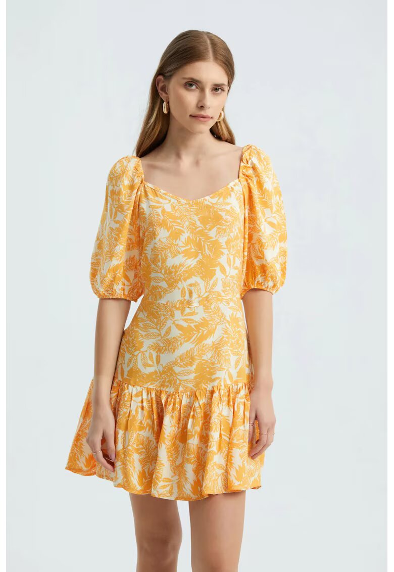 HiCCUP Rochie mini - decolteu in V - volane - textil - Galben chihlimbar - Galben chihlimbar