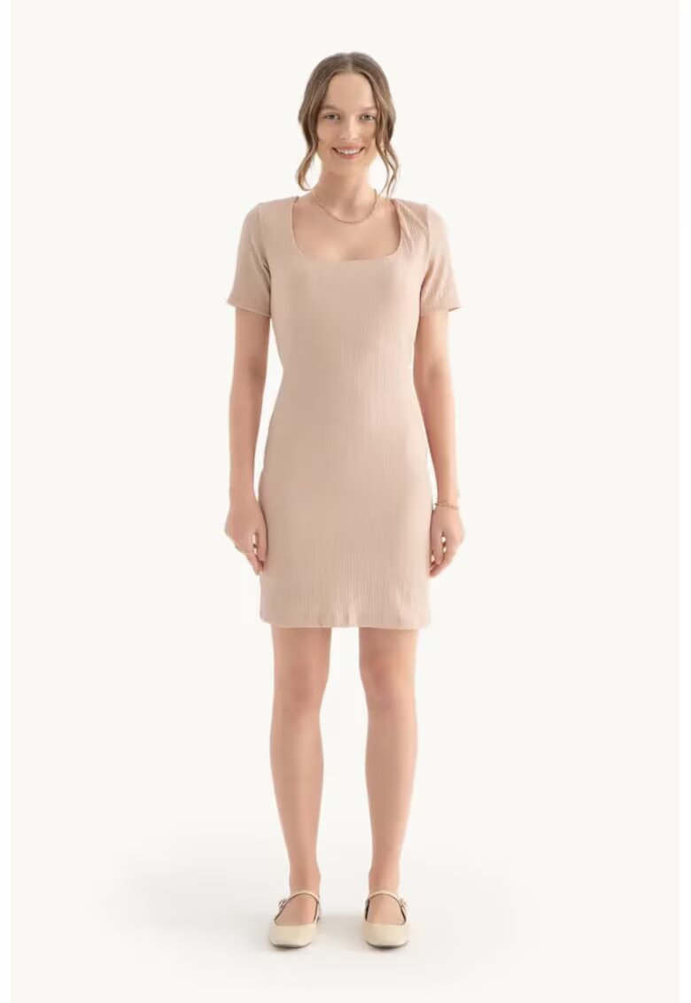 HiCCUP Rochie mini - decolteu patrat - maneca scurta - bej - textil