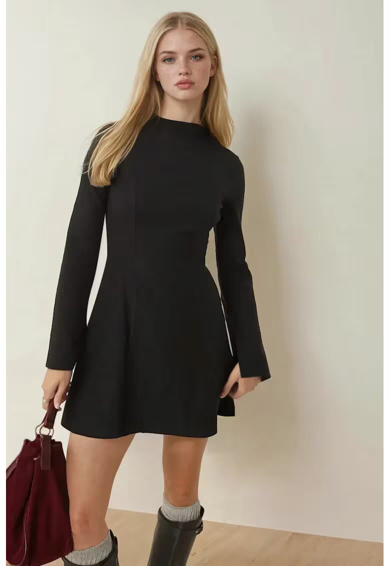 HiCCUP Rochie mini evazata - guler inalt - maneci lungi - negru - textil