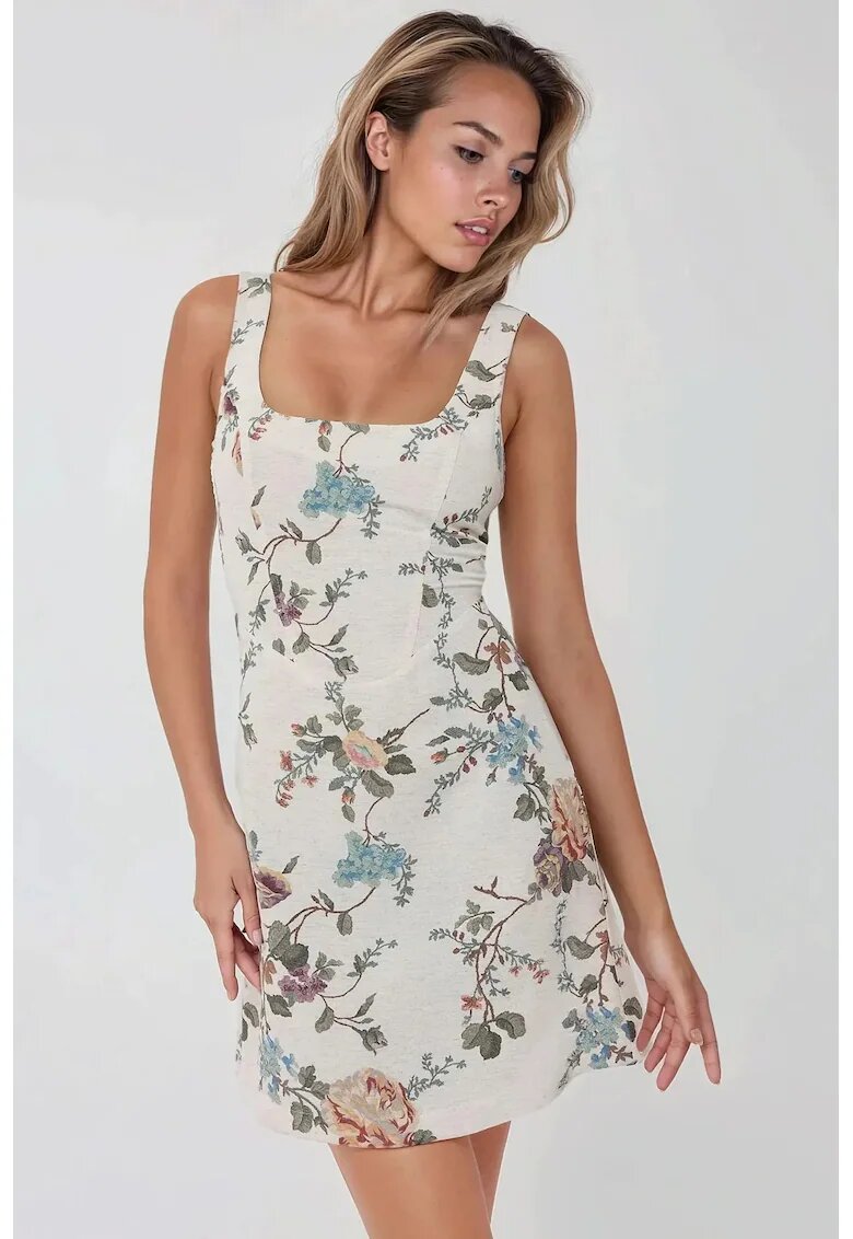 HiCCUP Rochie mini floral - decolteu patrat - alb - textil