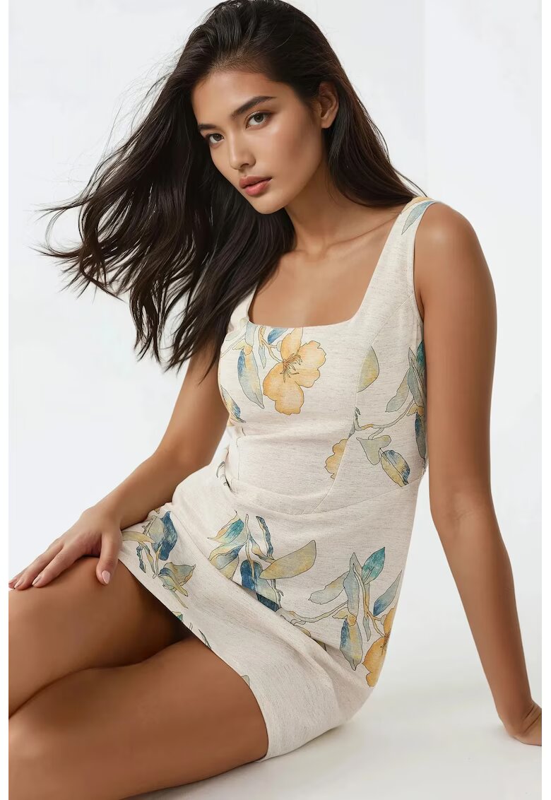 HiCCUP Rochie mini floral - decolteu patrat - bej - textil