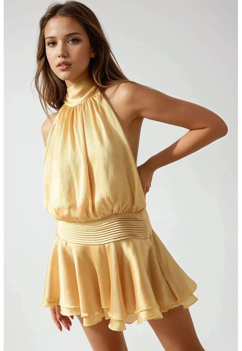 HiCCUP Rochie mini - guler inalt - texturata - galben - textil