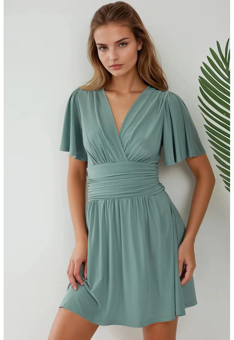 HiCCUP Rochie mini maneca scurta - decolteu in V - verde - jerseu