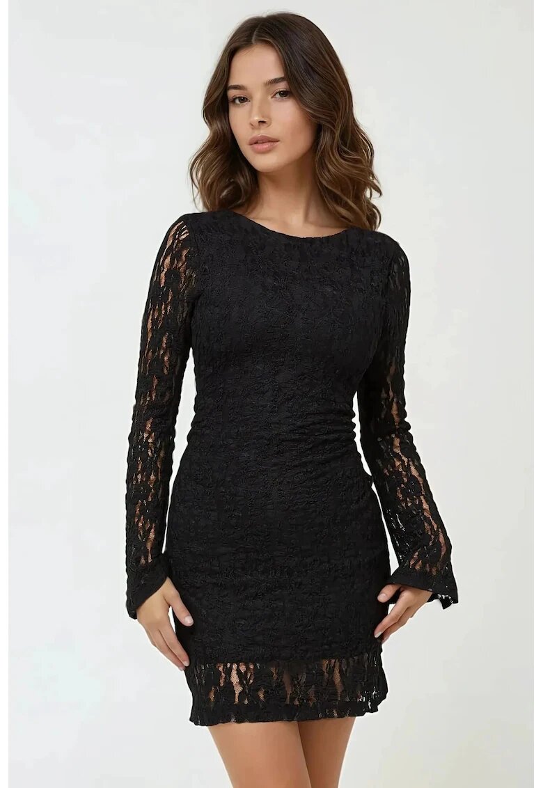 HiCCUP Rochie mini mulata din dantela - neagra - cu maneci lungi - din poliester si elastan