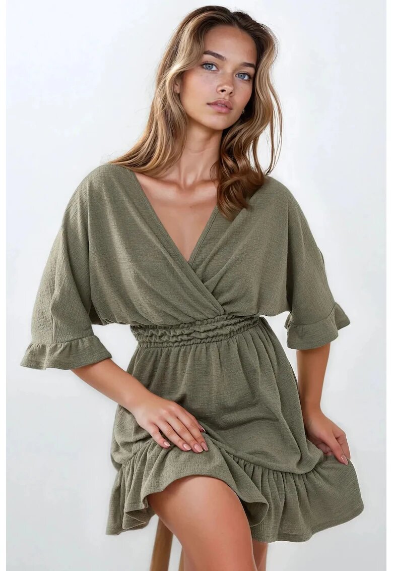 HiCCUP Rochie mini - texturata - decolteu in V - verde - jerseu