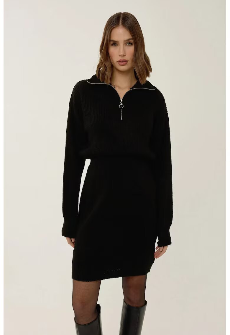 HiCCUP Rochie mini tricotata guler cu fermoar - talie inalta - neagra - jerseu