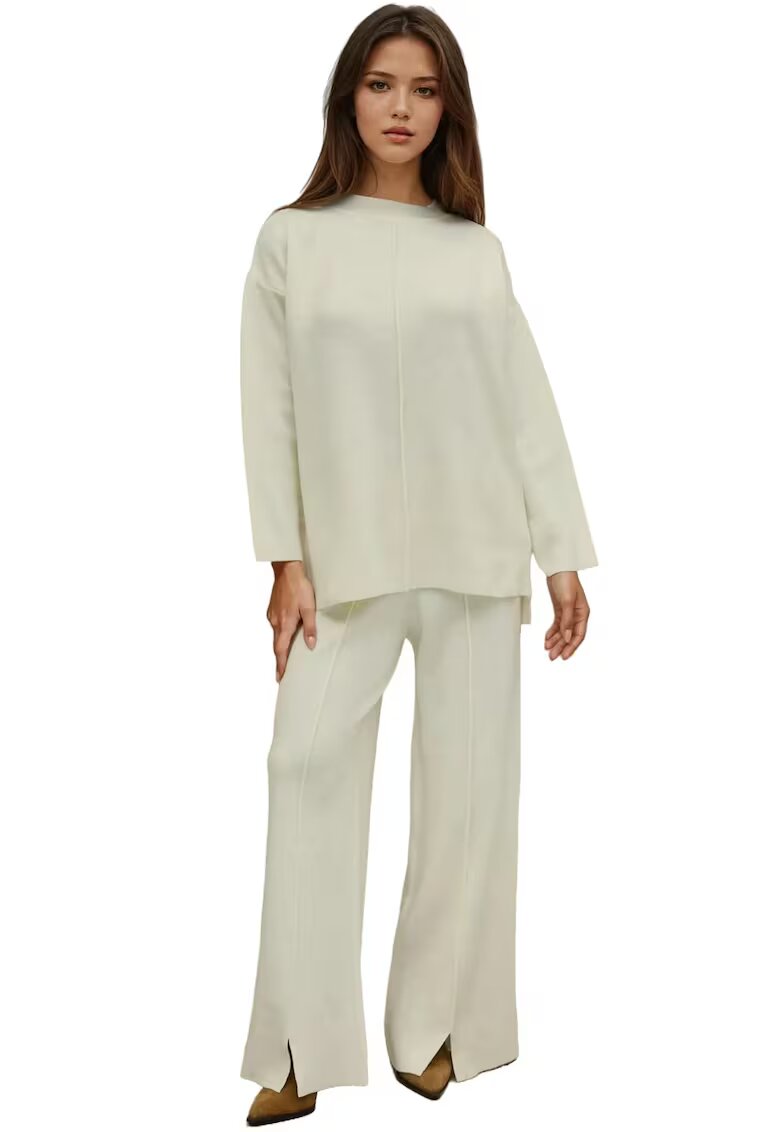 HiCCUP Set compleu pulover lung si pantaloni largi - tricot - alb