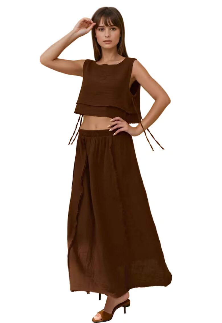 HiCCUP Set coordonat - bluza cu legaturi laterale - fusta elastica - maro - muselina