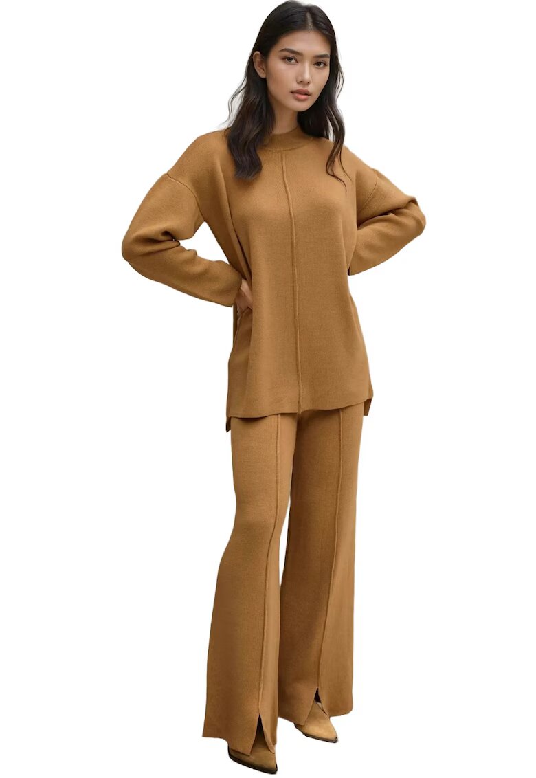 HiCCUP Set coordonat pulover lung si pantaloni largi - tricot - bej
