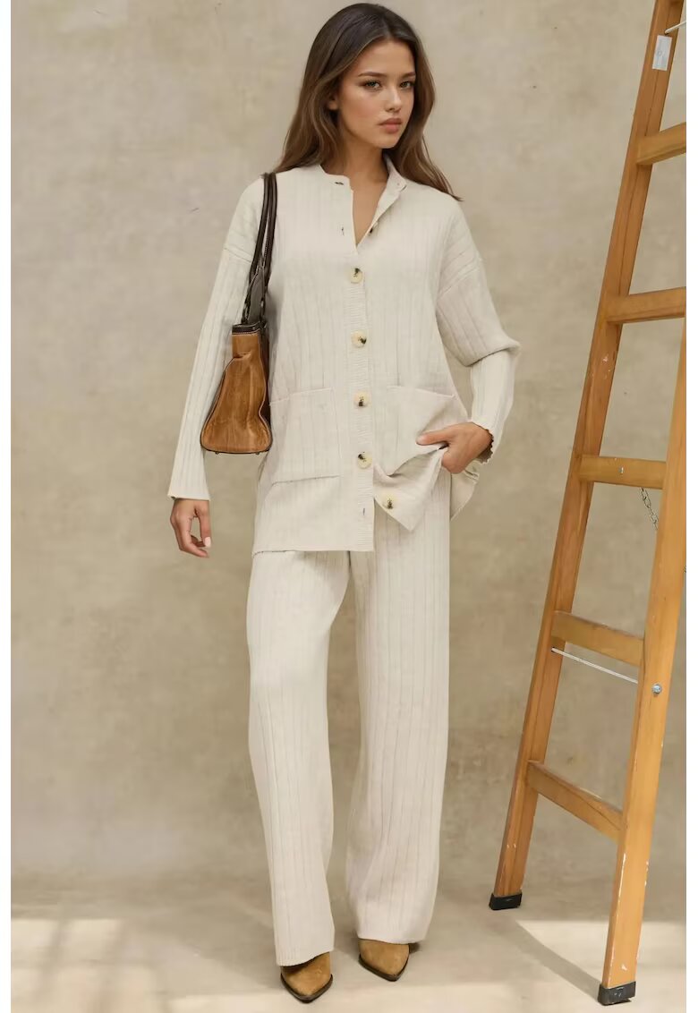 HiCCUP Set coordonat tricotat - cardigan cu guler rotund - pantaloni cu croi larg - bej - tricot