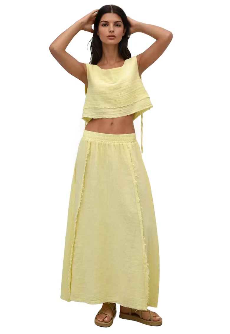 HiCCUP Set de doua piese - bluza cu legaturi laterale - fusta cu talie elastica - galben - muselina