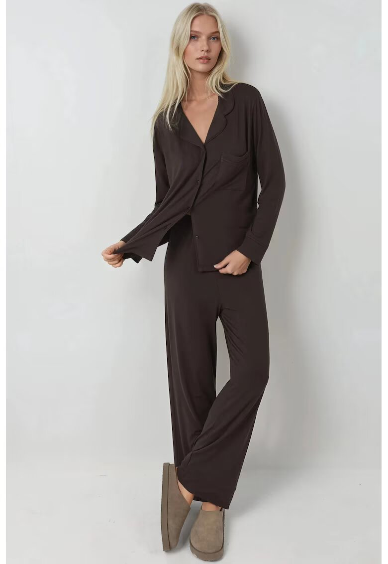 HiCCUP Set de pijamale - maneca lunga - guler de camasa - maro mocha inchis - jerseu