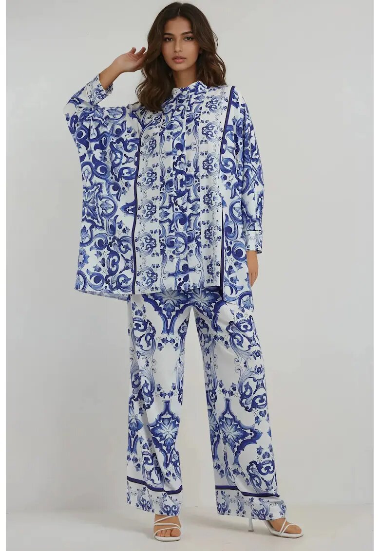 HiCCUP Set doua piese model floral - talie inalta - croiala larga - albastru - textil