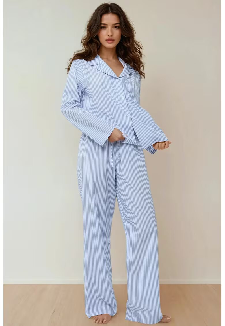 HiCCUP Set pijamale bumbac cu dungi - albastru - maneci lungi - guler clasic