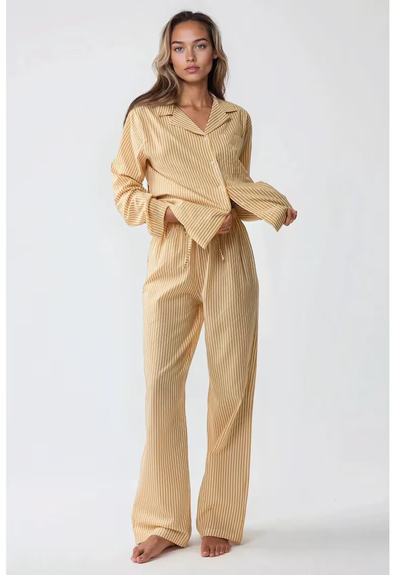 HiCCUP Set pijamale bumbac cu dungi - galben - maneci lungi - guler clasic
