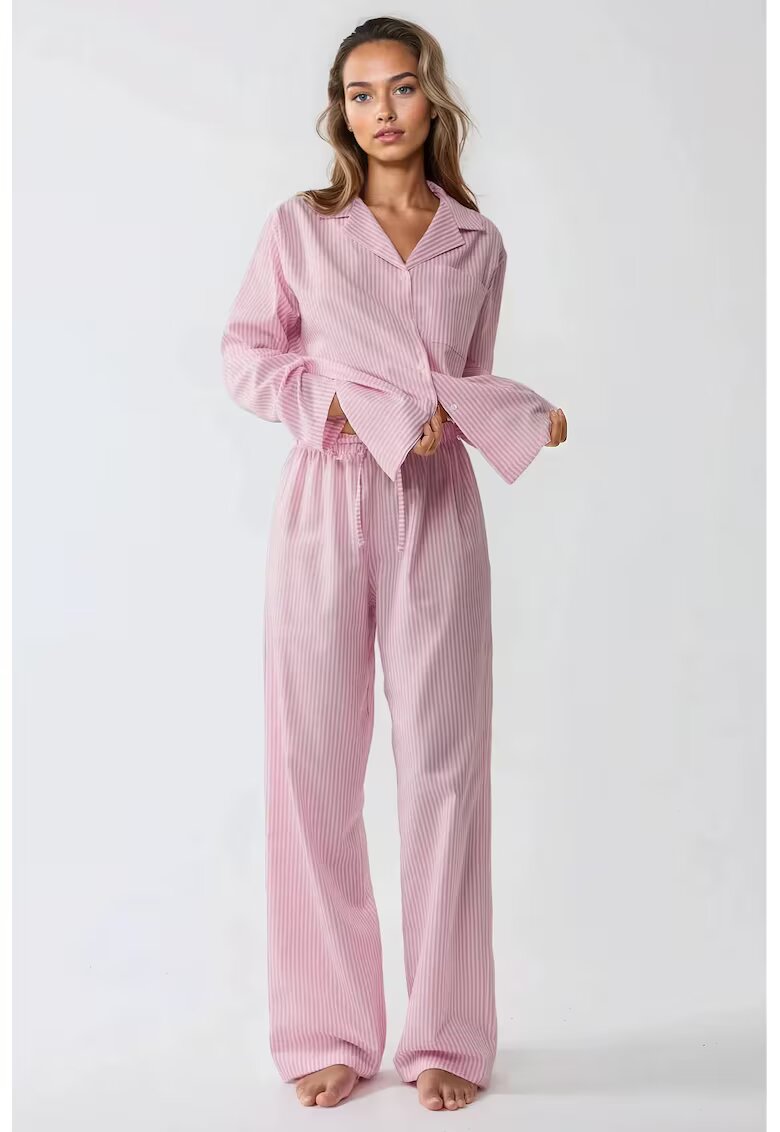 HiCCUP Set pijamale bumbac cu dungi - roz - maneci lungi - guler clasic