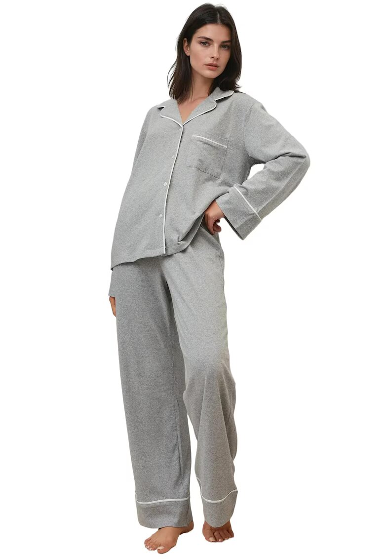 HiCCUP Set pijamale dama - bumbac/jerseu - guler elegant - gri