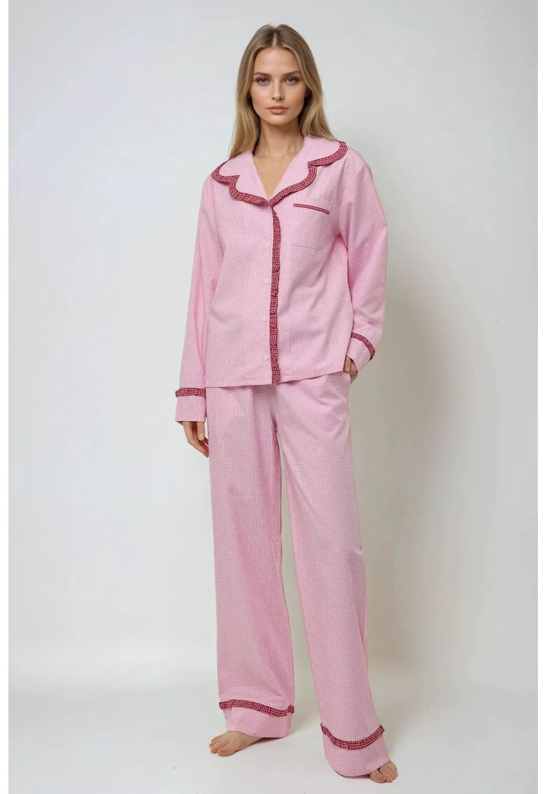 HiCCUP Set pijamale dama carouri - guler camasa - roz - bumbac si poliester