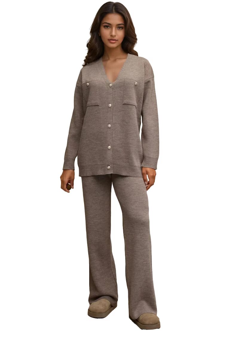 HiCCUP Set tricotat cardigan cu decolteu in V si pantaloni largi - talie inalta - maro melange - tricot