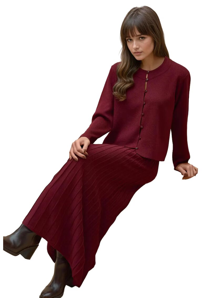 HiCCUP Set tricotat cardigan cu guler rotund si fusta evazata - rosu - tricot