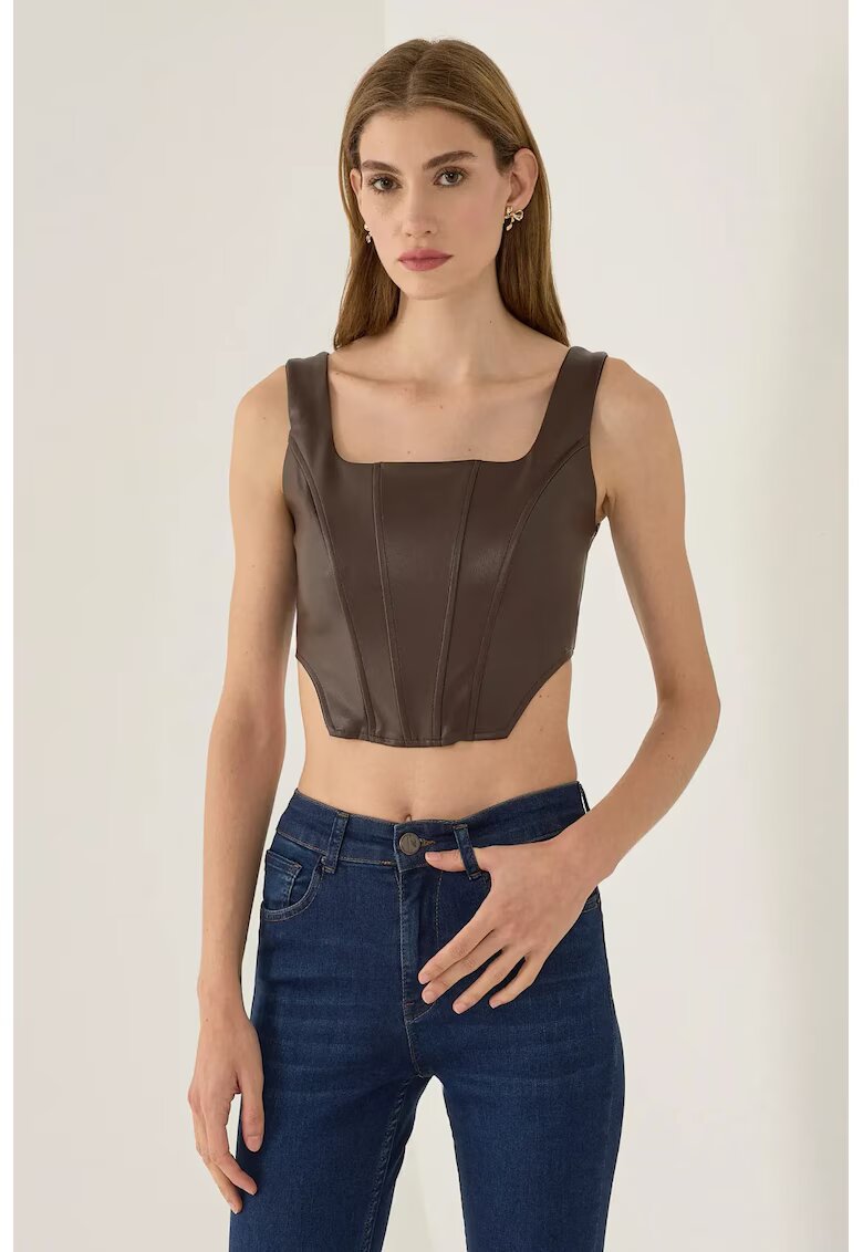 HiCCUP Top corset din piele ecologica - bretele groase - maro - textil
