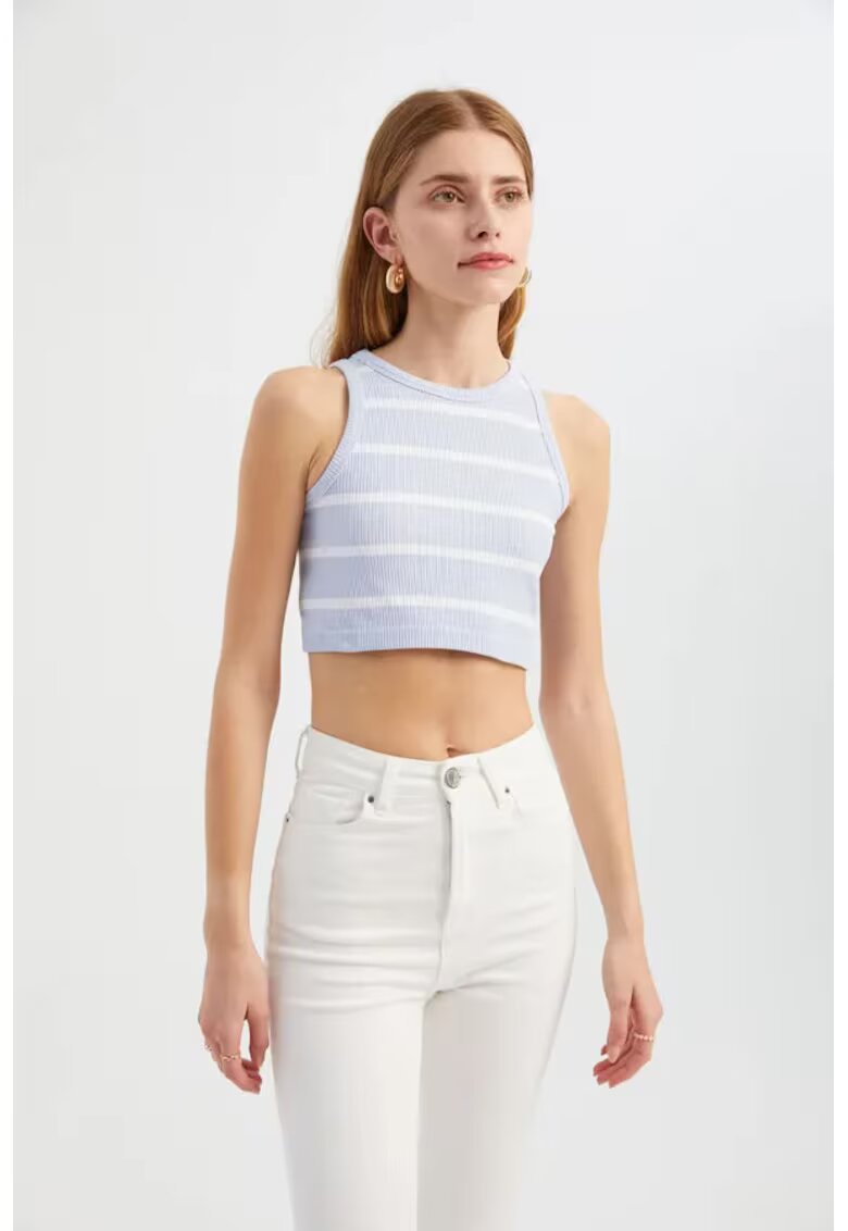 HiCCUP Top - crop cu guler rotund - dungi - violet - textil