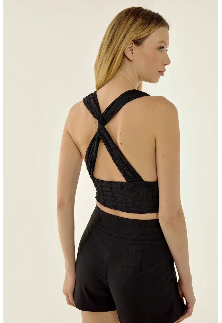 HiCCUP Top Crop Top Decolteu in V - Spate Incrucisat - Negru - Poliester - Negru