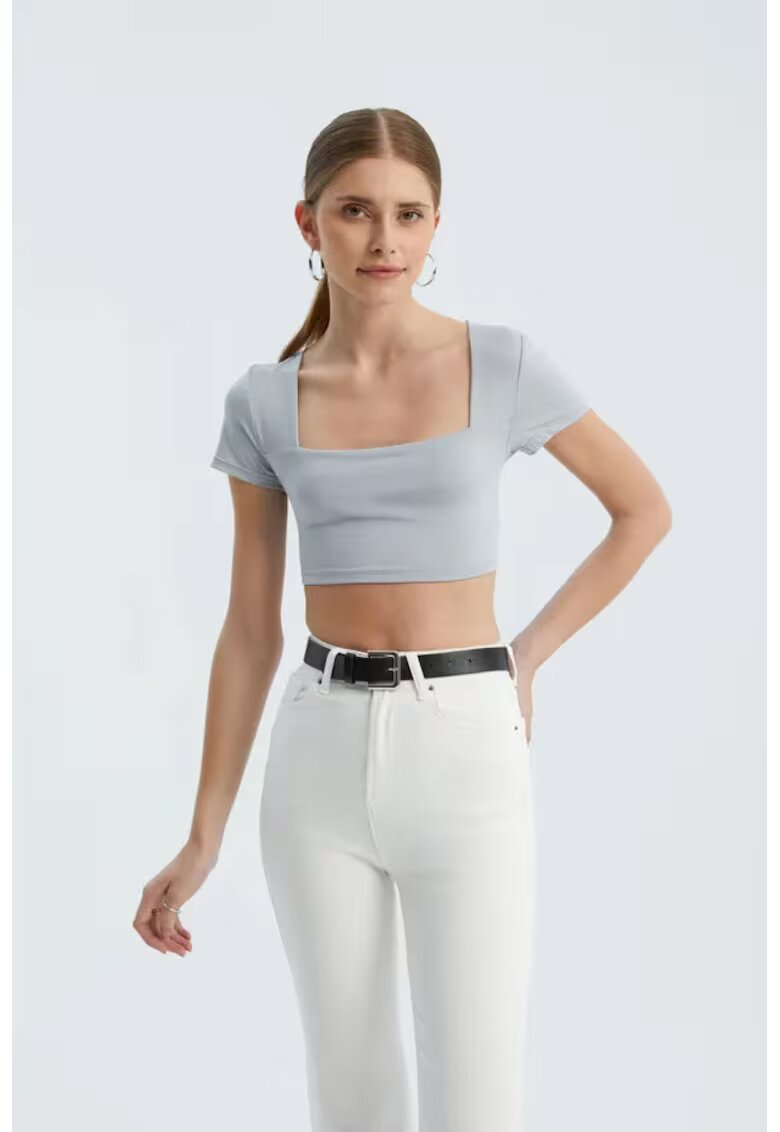 HiCCUP Top dama - crop basic - decolteu patrat - gri - jerseu