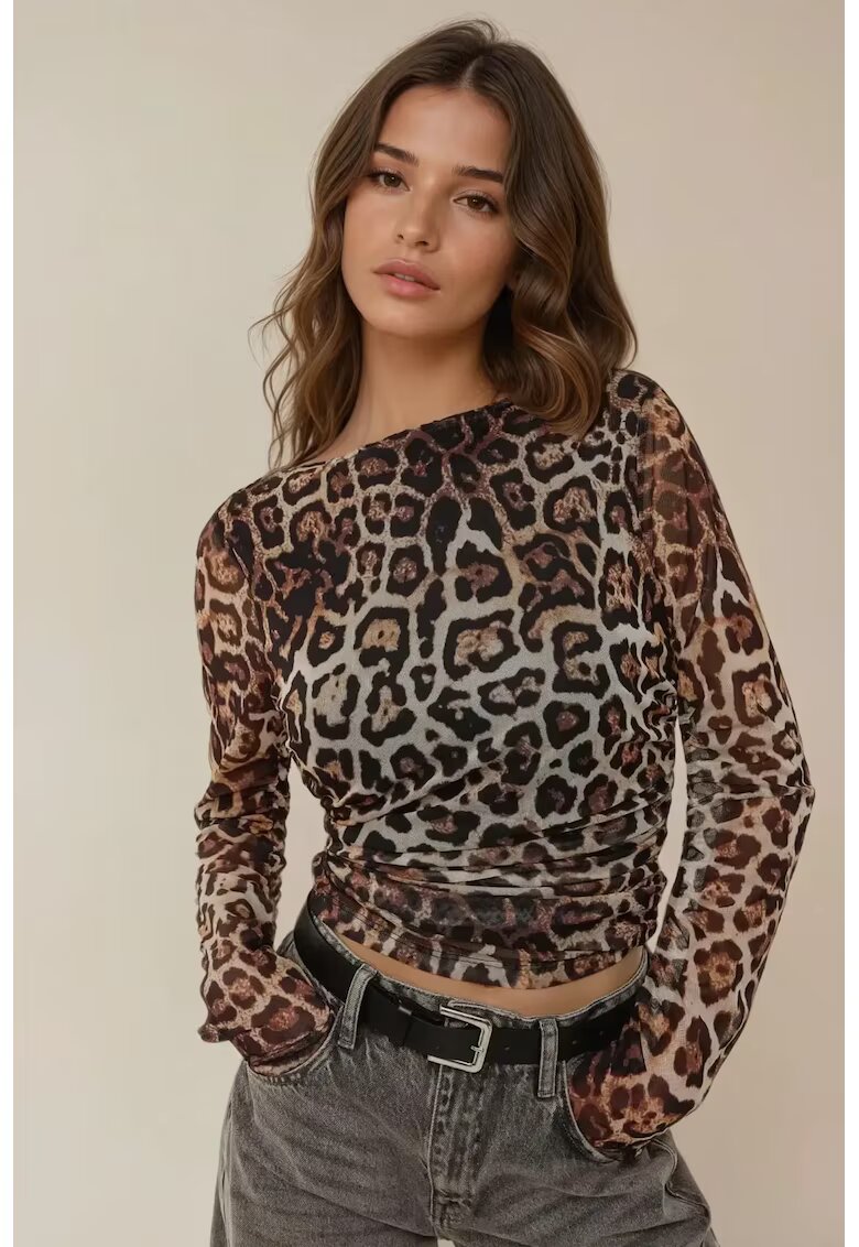 HiCCUP Top dama - imprimeu leopard - decolteu tip barca - volane - multicolor - poliester