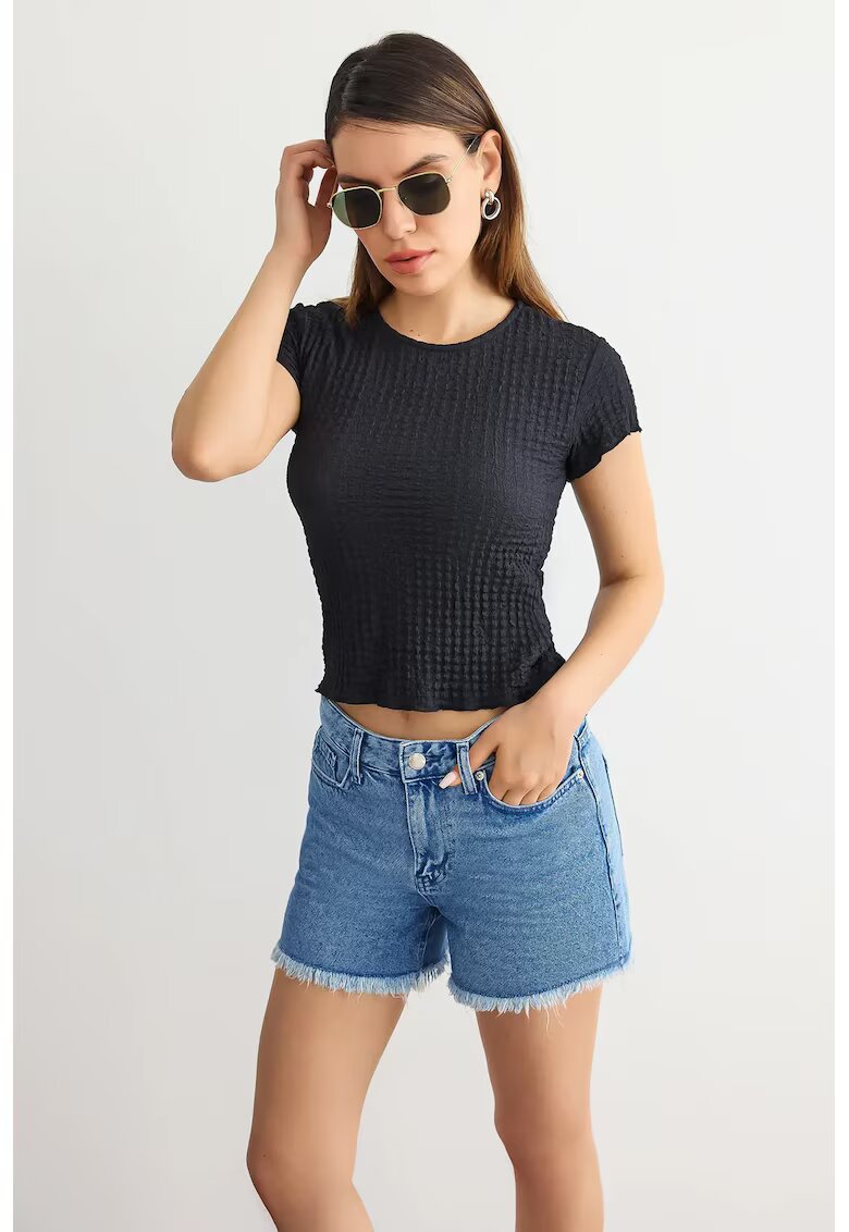 HiCCUP Top dama - scurt - maneca scurta - decolteu rotund - negru - poliester
